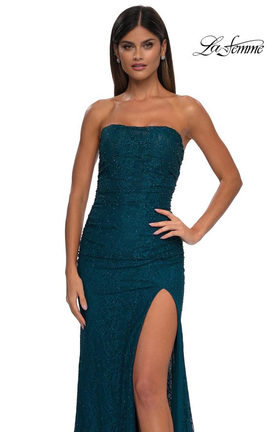 Picture of: Simple Long Stretch Lace Prom Dress with Ruching in Dark Teal, Style: 32773, Detail Picture 7