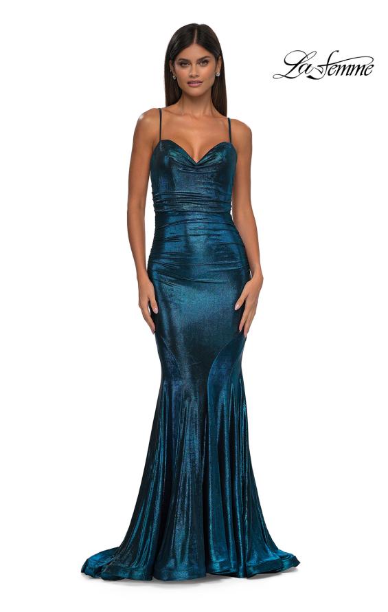 Picture of: Mermaid Metallic Jersey Dress with Draped Neckline in Dark Teal, Style: 32897, Detail Picture 7