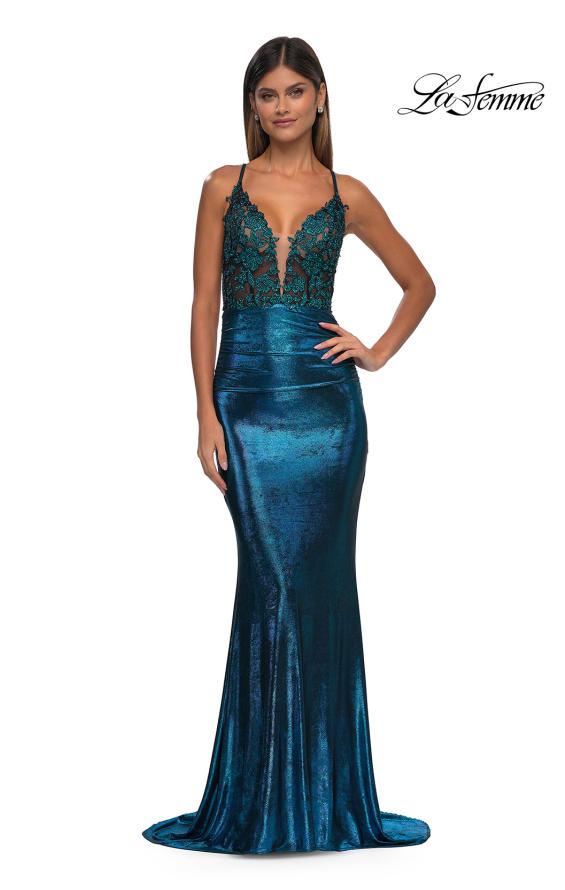 Picture of: Ruched Prom Dress with Metallic Lace and Fabric in Dark Teal, Style: 33059, Detail Picture 7