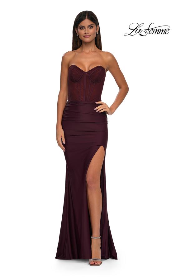 Picture of: Intricate Ruched Corset Bodice Prom Dress with Jersey Skirt in Dark Wine, Style: 32971, Detail Picture 9