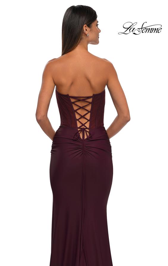 Picture of: Intricate Ruched Corset Bodice Prom Dress with Jersey Skirt in Dark Wine, Style: 32971, Detail Picture 10