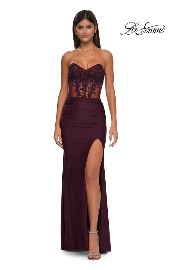 Picture of: Evening Dress with Illusion Strapless Bodice and Lace Applique in Dark Wine, Style: 32912, Detail Picture 13