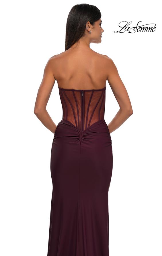 Picture of: Evening Dress with Illusion Strapless Bodice and Lace Applique in Dark Wine, Style: 32912, Detail Picture 14