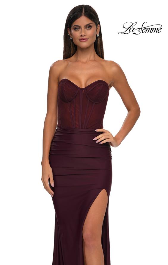 Picture of: Intricate Ruched Corset Bodice Prom Dress with Jersey Skirt in Dark Wine, Style: 32971, Detail Picture 3