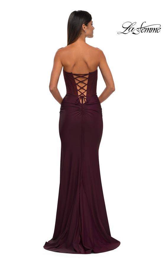 Picture of: Intricate Ruched Corset Bodice Prom Dress with Jersey Skirt in Dark Wine, Style: 32971, Detail Picture 4