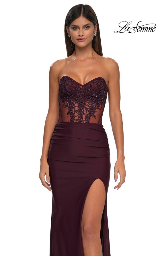 Picture of: Evening Dress with Illusion Strapless Bodice and Lace Applique in Dark Wine, Style: 32912, Detail Picture 7