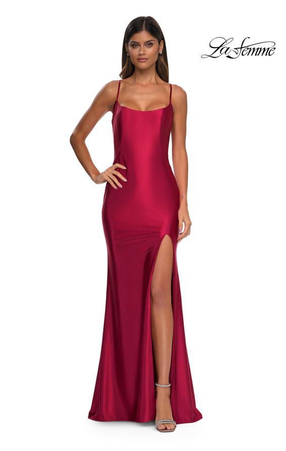 Picture of: Chic Stretch Satin Dress with Illusion Mesh Back in Deep Red, Style: 32640, Detail Picture 8