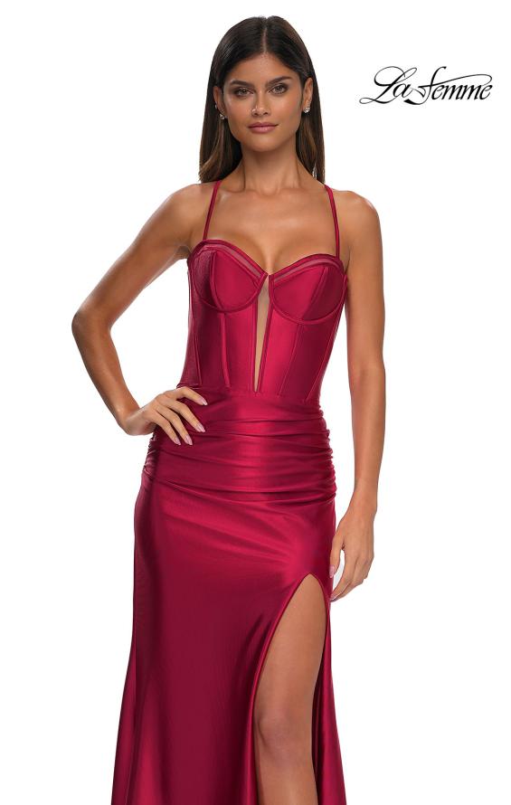 Picture of: Unique Stretch Satin Gown with Corset Bodice and Open Back in Deep Red, Style: 32683, Detail Picture 8