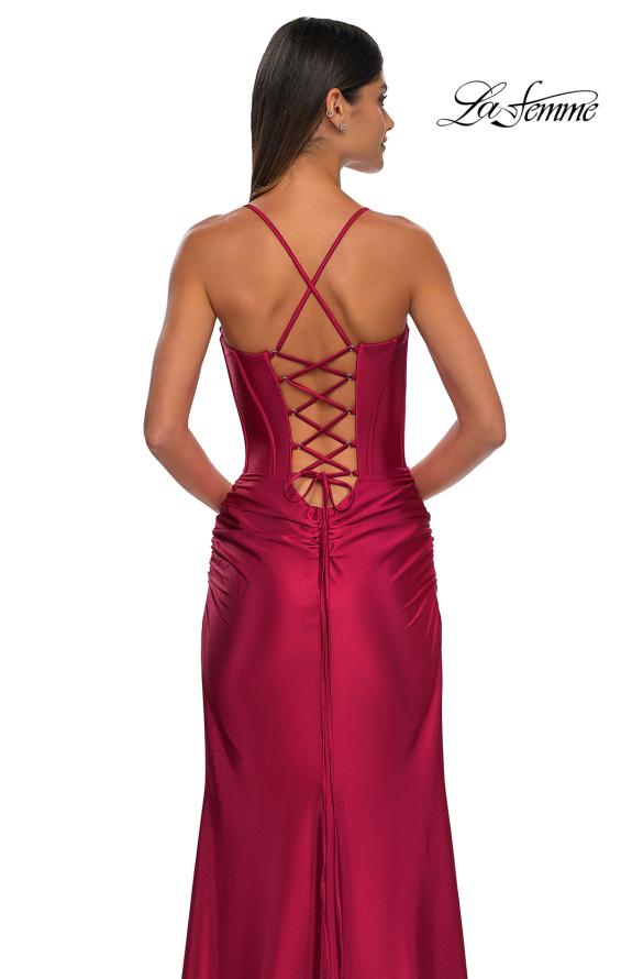 Picture of: Unique Stretch Satin Gown with Corset Bodice and Open Back in Deep Red, Style: 32683, Detail Picture 9