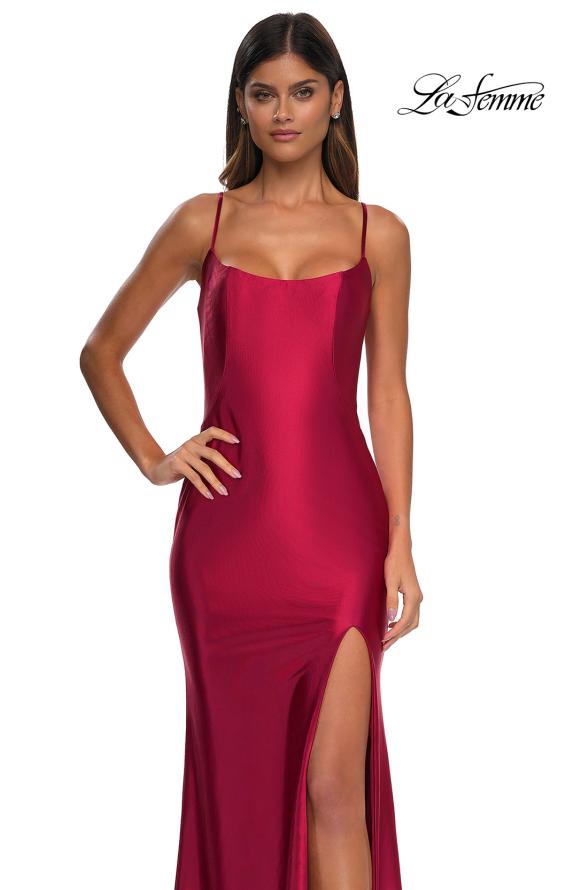 Picture of: Chic Stretch Satin Dress with Illusion Mesh Back in Deep Red, Style: 32640, Detail Picture 10