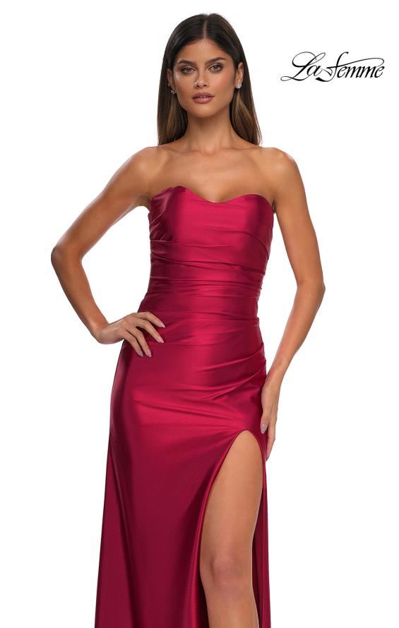 Picture of: Strapless Stretch Satin Dress with Sheer Corset Back in Deep Red, Style: 32649, Detail Picture 11