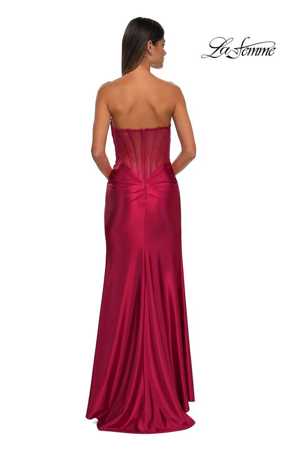 Picture of: Strapless Stretch Satin Dress with Sheer Corset Back in Deep Red, Style: 32649, Detail Picture 12