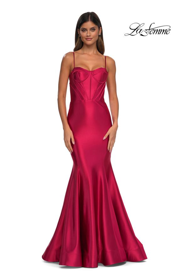 Picture of: Chic Stretch Satin Gown with Corset Top and Flare Skirt in Deep Red, Style: 32555, Detail Picture 5