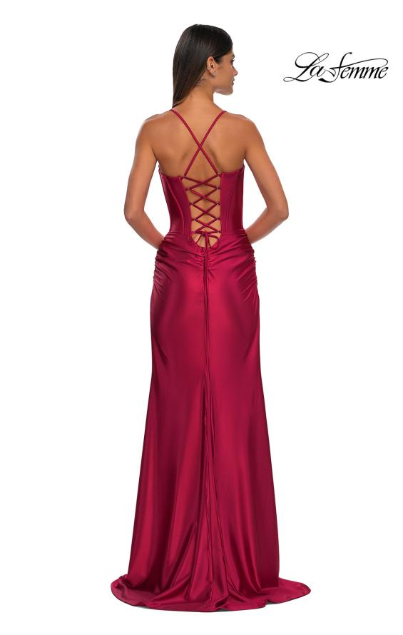 Picture of: Unique Stretch Satin Gown with Corset Bodice and Open Back in Deep Red, Style: 32683, Detail Picture 5