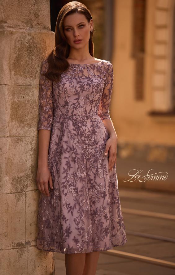 Picture of: Tea Length Embroidered Dress with Sheer Sleeves, Style: 27971, Main Picture