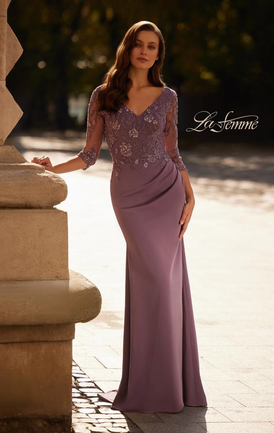 Picture of: Long Mother of the Bride Dress with Beaded Lace Bodice in Dusty Purple, Style: 32738, Detail Picture 1