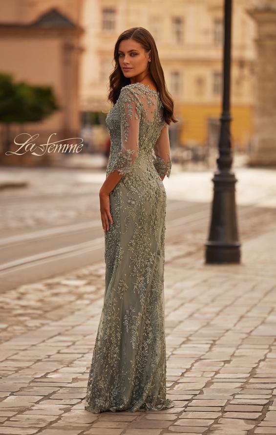 Picture of: Unique Lace Gown with Square Neckline and Illusion Sleeves in Dusty Sage, Style: 31909, Back Picture