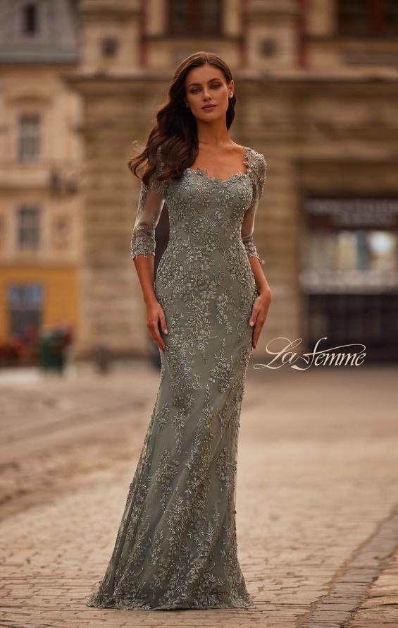 Picture of: Unique Lace Gown with Square Neckline and Illusion Sleeves in Dusty Sage, Style: 31909, Detail Picture 1