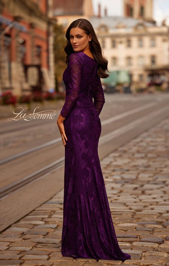 Picture of: Chic Stretch Lace Evening Dress with Ruching and V Neckline in Eggplant, Style: 32491, Back Picture