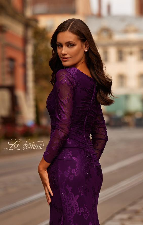 Picture of: Chic Stretch Lace Evening Dress with Ruching and V Neckline in Eggplant, Style: 32491, Detail Picture 2