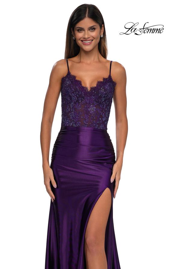 Picture of: Ruched Satin Evening Dress with Sheer Lace Top and Scallop Neckline in Eggplant , Style: 32689, Detail Picture 15