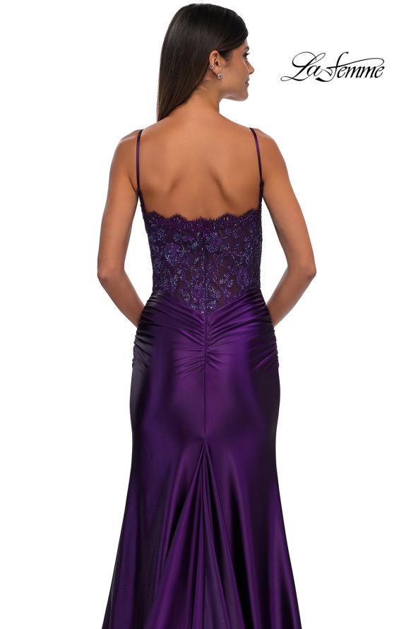 Picture of: Ruched Satin Evening Dress with Sheer Lace Top and Scallop Neckline in Eggplant , Style: 32689, Detail Picture 16