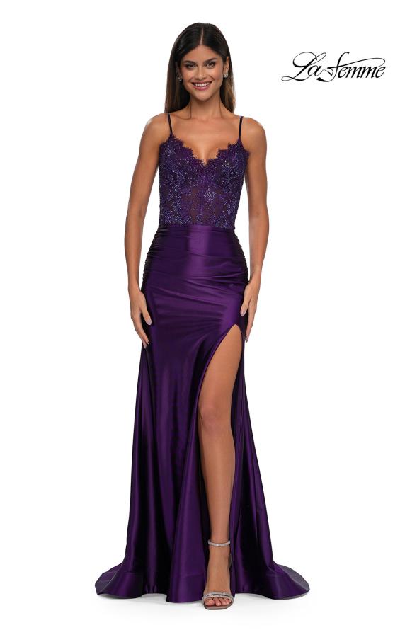 Picture of: Ruched Satin Evening Dress with Sheer Lace Top and Scallop Neckline in Eggplant , Style: 32689, Detail Picture 5