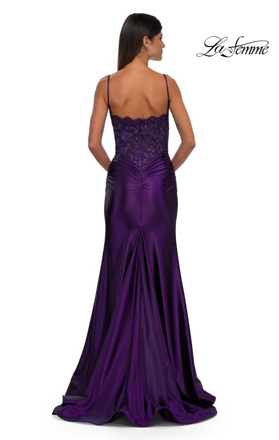 Picture of: Ruched Satin Evening Dress with Sheer Lace Top and Scallop Neckline in Eggplant , Style: 32689, Detail Picture 6