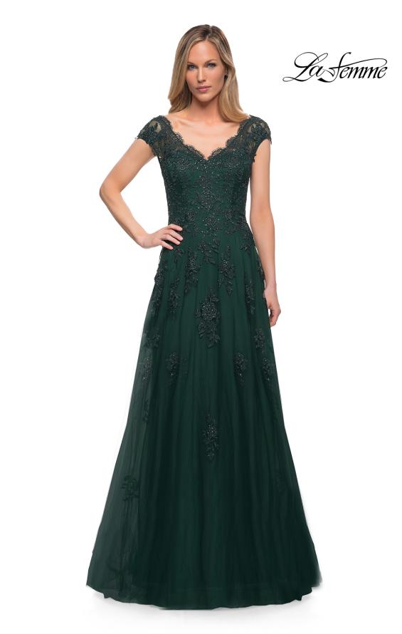 Picture of: Short Sleeve Lace Gown with Cascading Embellishments, Style: 26942, Detail Picture 3