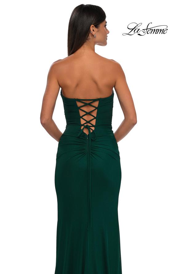 Picture of: Simple Net Prom Dress with High Slit and Flattering Ruching in Emerald, Style: 33018, Detail Picture 8