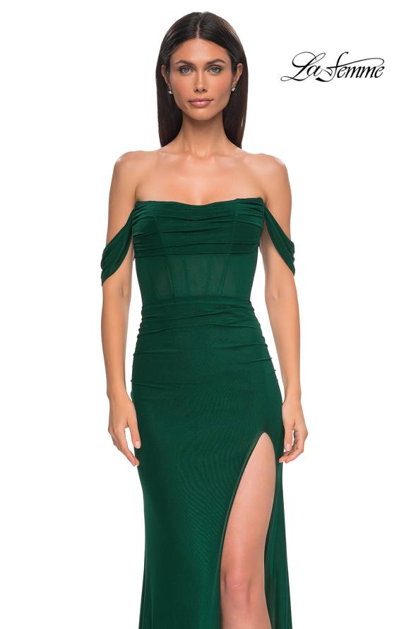 Picture of: Simple Off the Shoulder Net Jersey Dress with Sheer Waist in Emerald , Style 32684, Detail Picture 9