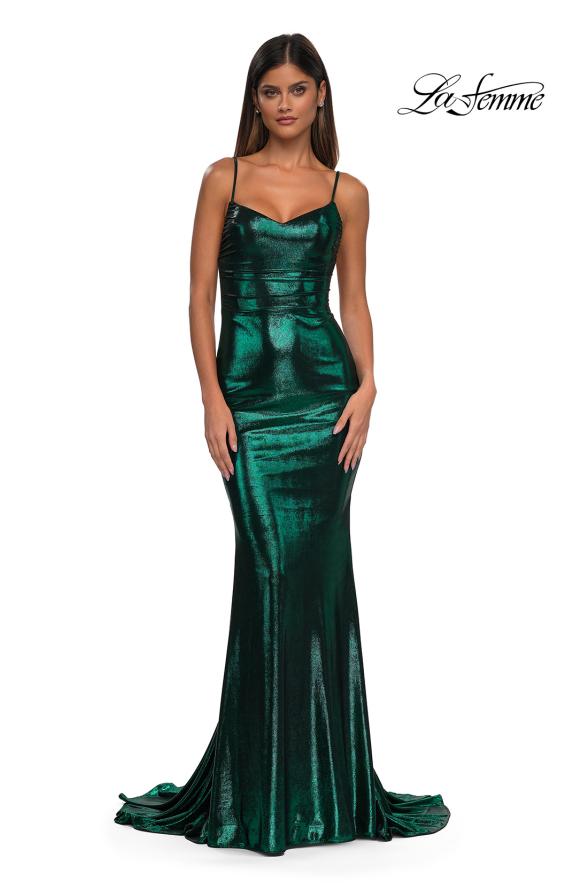 Picture of: Metallic Jersey Dress with Low Back and Ruching in Emerald, Style: 32932, Detail Picture 9