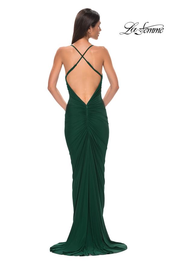 Picture of: Fitted Ruched Net Jersey Dress with Low Back in Emerald , Style 32834, Detail Picture 10