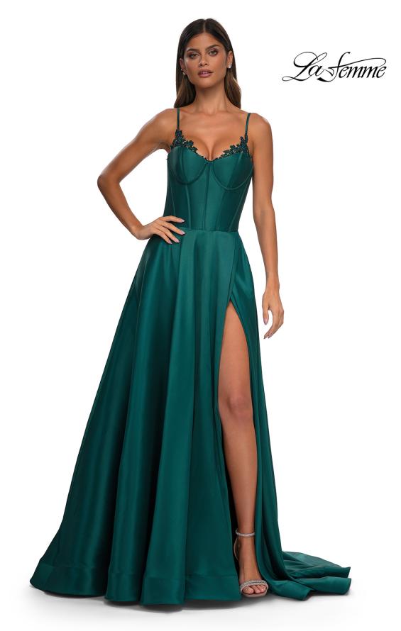 Picture of: Mikado A-line Gown with Lace Detail Neckline in Emerald, Style: 32878, Detail Picture 11