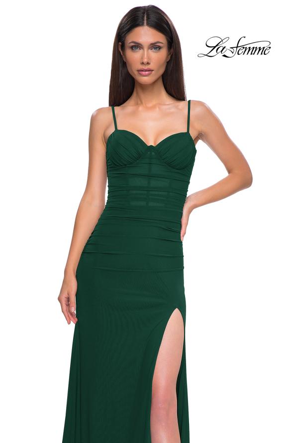 Picture of: Net Jersey Simple Prom Dress with Ruching and Corset Top in Emerald , Style 32925, Detail Picture 11