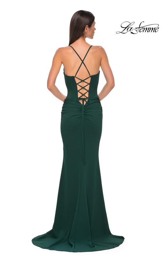 Picture of: Ruched Long Jersey Dress with Draped Rhinestone Neckline in Emerald , Style 32802, Detail Picture 12