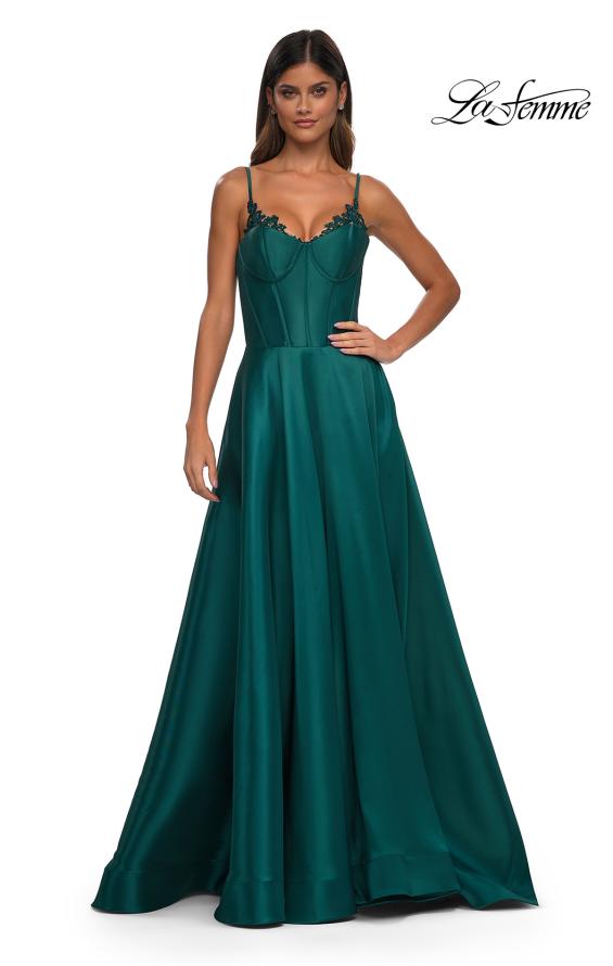 Picture of: Mikado A-line Gown with Lace Detail Neckline in Emerald, Style: 32878, Detail Picture 13