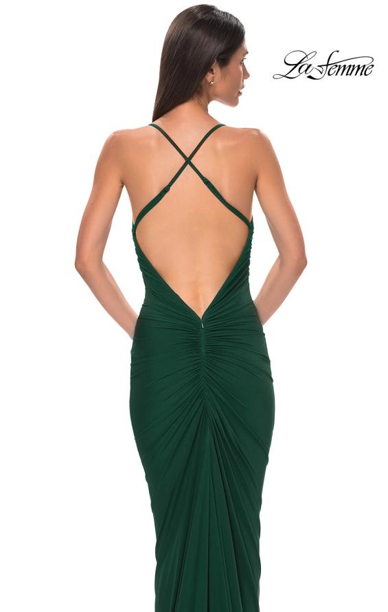 Picture of: Fitted Ruched Net Jersey Dress with Low Back in Emerald , Style 32834, Detail Picture 18