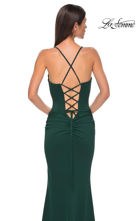 Picture of: Ruched Long Jersey Dress with Draped Rhinestone Neckline in Emerald , Style 32802, Detail Picture 20