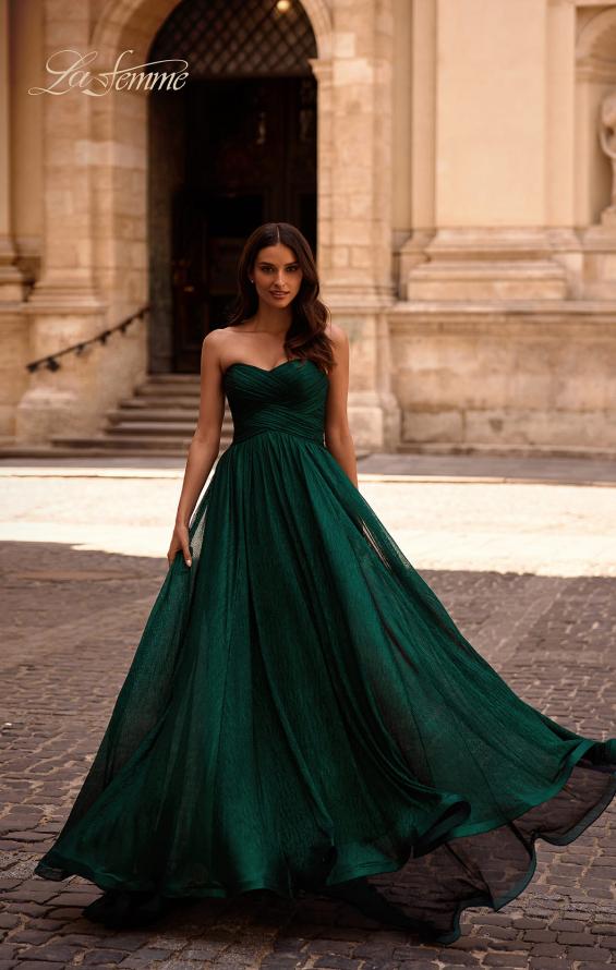 Picture of: Textured Chiffon Flowy Strapless Evening Dress in Emerald , Style 32382, Detail Picture 1