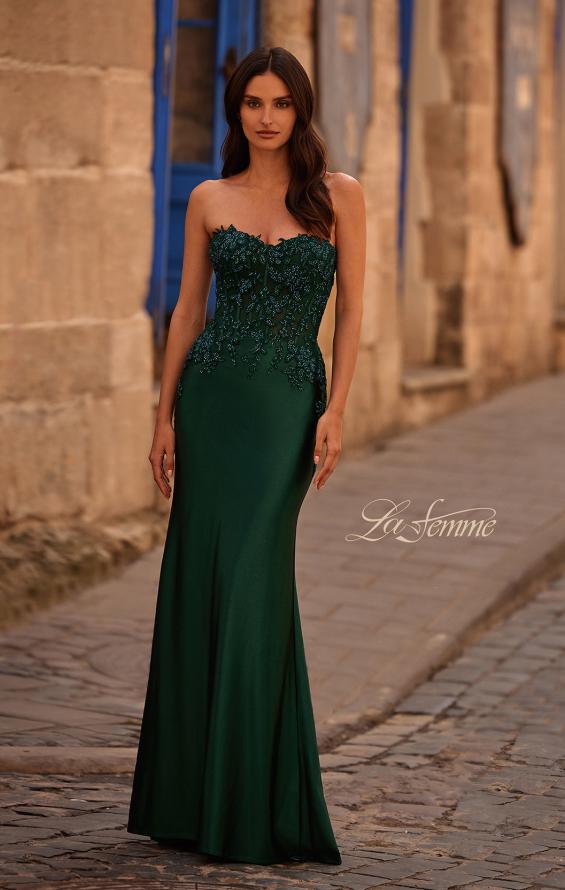 Picture of: Strapless Satin Dress with Lace Top and Sweetheart Neckline in Emerald , Style 32582, Detail Picture 1