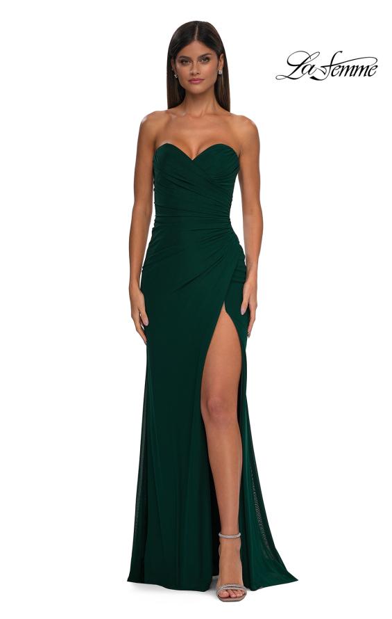 Picture of: Simple Net Prom Dress with High Slit and Flattering Ruching in Emerald, Style: 33018, Detail Picture 1