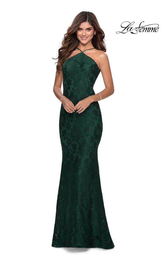 Picture of: Open Back Jersey Prom Dress with High Neckline in Emerald, Style: 28619, Detail Picture 2