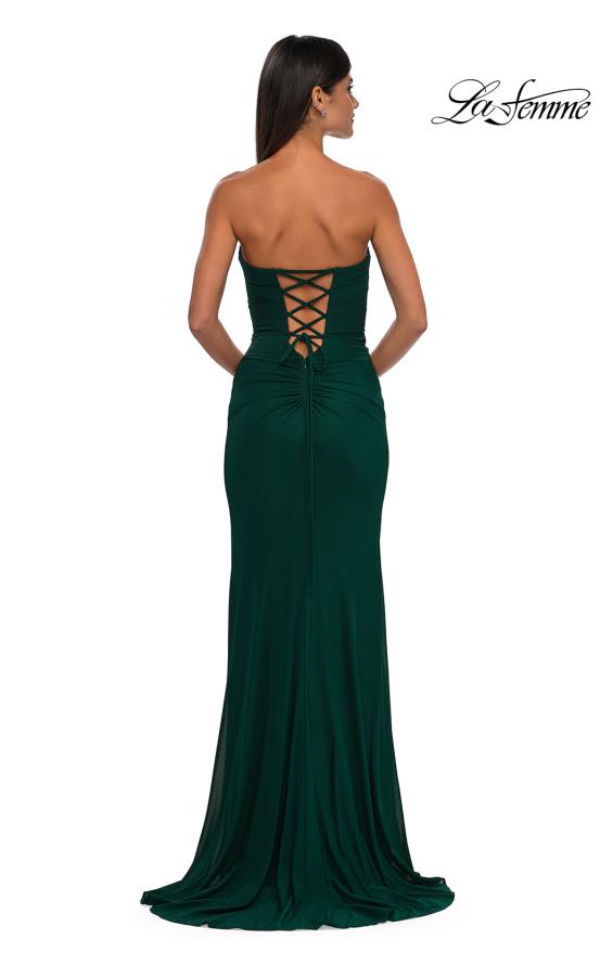 Picture of: Simple Net Prom Dress with High Slit and Flattering Ruching in Emerald, Style: 33018, Detail Picture 2