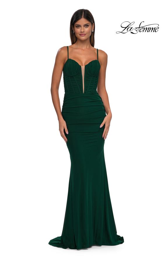 Picture of: Ruched Corset Top Prom Dress with Deep V in Emerald , Style: 32642, Detail Picture 3