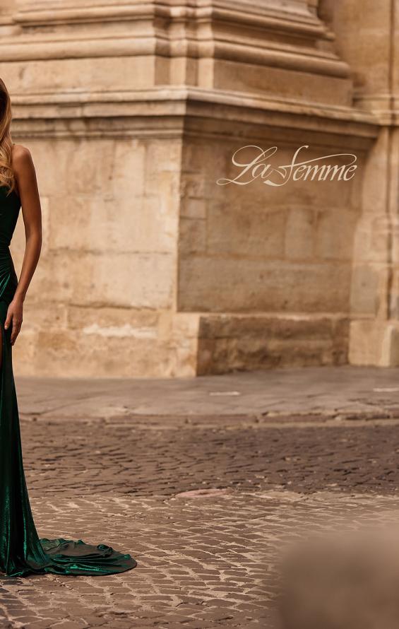 Picture of: Metallic Jersey Dress with Side Ruching and High Slit in Emerald , Style 32884, Detail Picture 4, Landscape