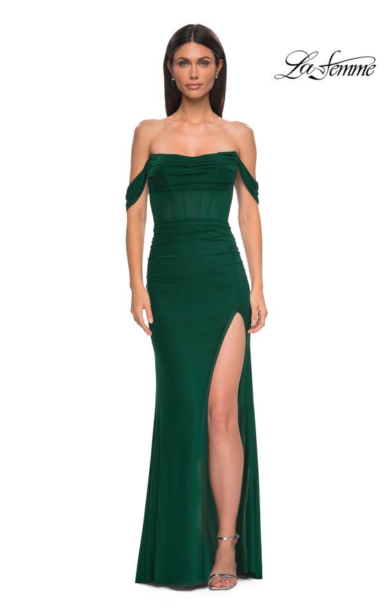 Picture of: Simple Off the Shoulder Net Jersey Dress with Sheer Waist in Emerald , Style 32684, Detail Picture 5