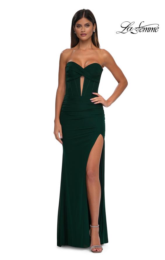 Picture of: Simple Net Jersey Prom Dress with Unique Corset Bodice in Emerald , Style: 32734, Detail Picture 5