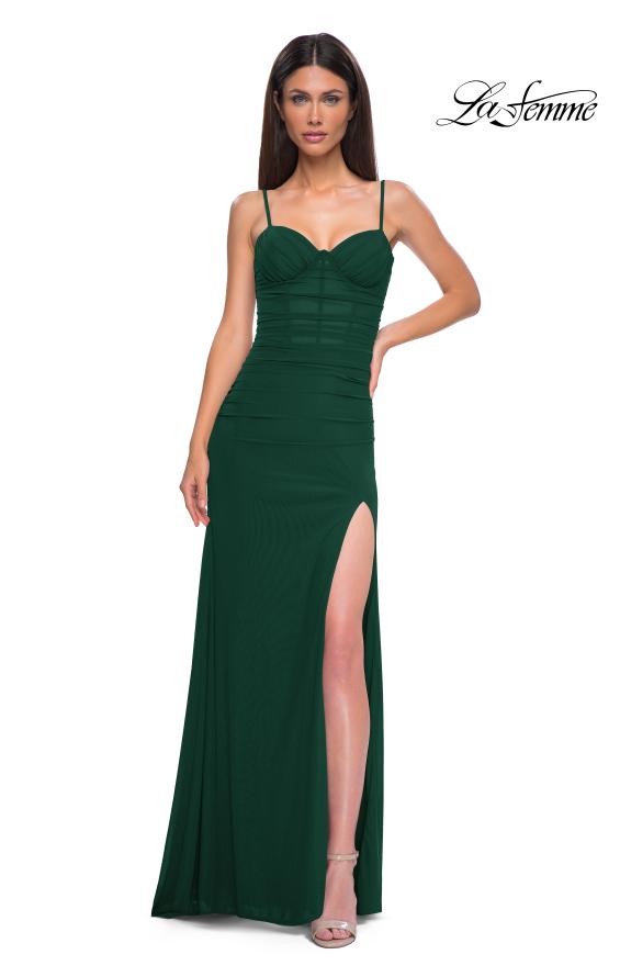 Picture of: Net Jersey Simple Prom Dress with Ruching and Corset Top in Emerald , Style 32925, Detail Picture 5