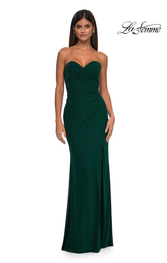 Picture of: Simple Net Prom Dress with High Slit and Flattering Ruching in Emerald, Style: 33018, Detail Picture 7